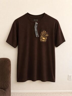 Tilly's Brown Tee with Golden Skull Graphic